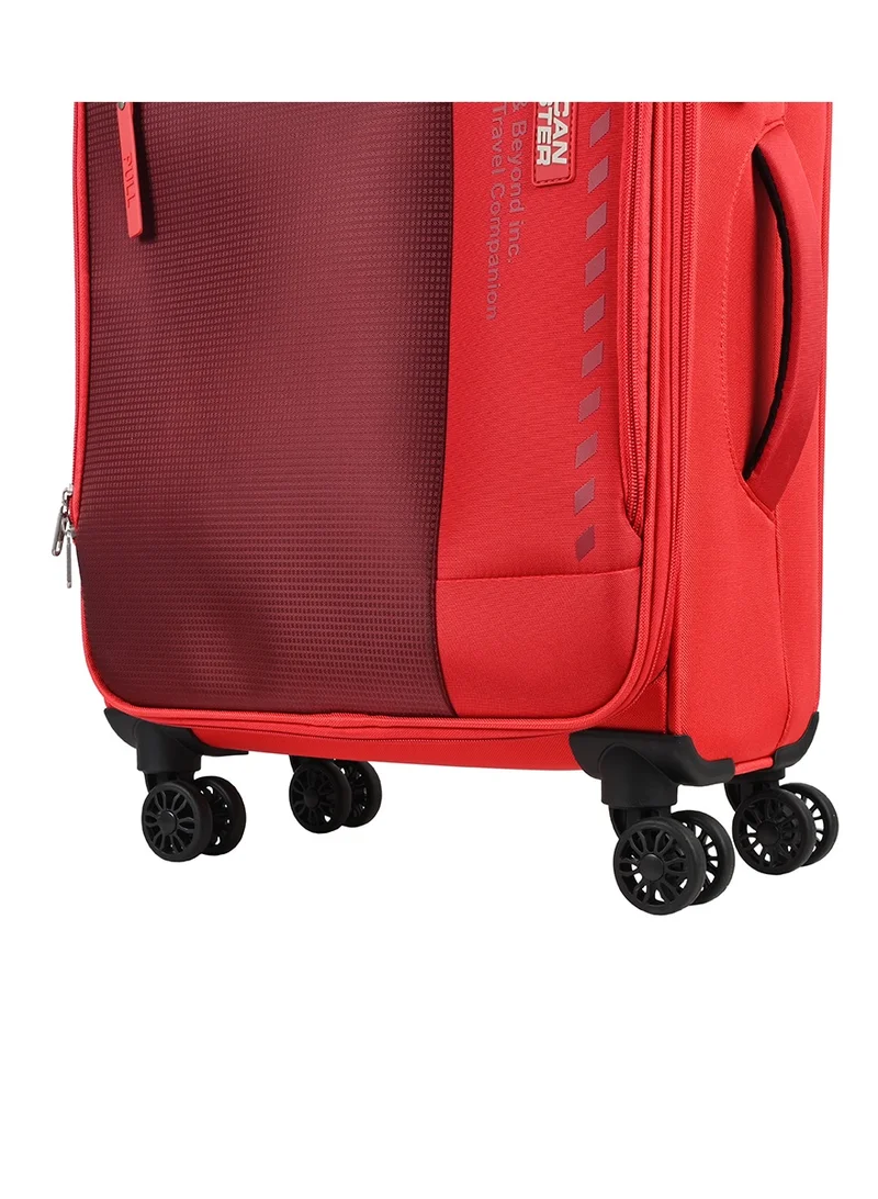American Tourister red Marina Suitcase, Cabin Size 57 cm, 4 Spinner Wheels, Soft Top, 100% Polyester, Red|Inner Mesh Zippered Pocket|Expandable|TSA Lock|Voluminous Front Pocket - 3 Years International Warranty  | Best Price UAE